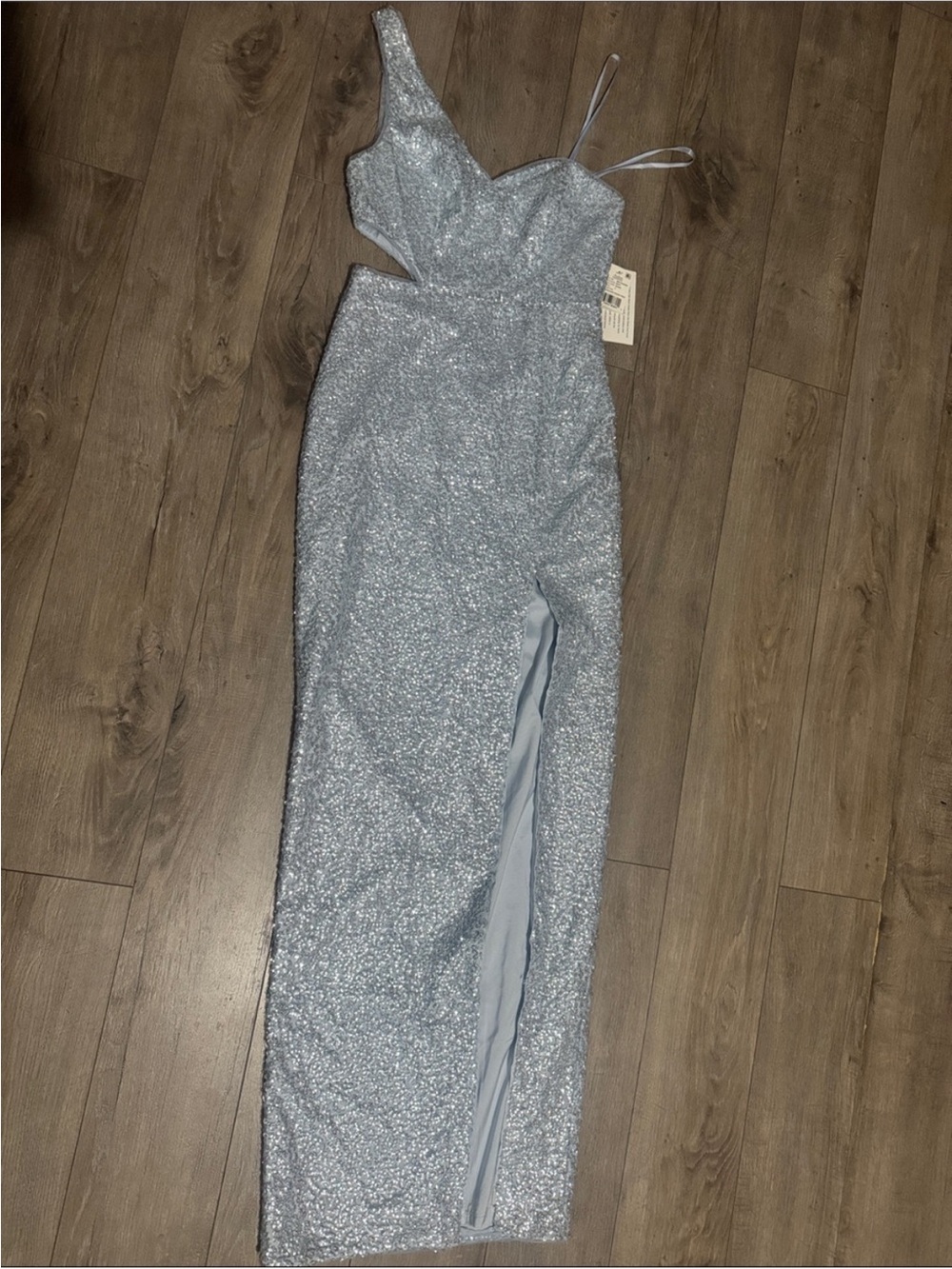 Aidan Mattox Silver Sequin One-Shoulder Maxi Dress